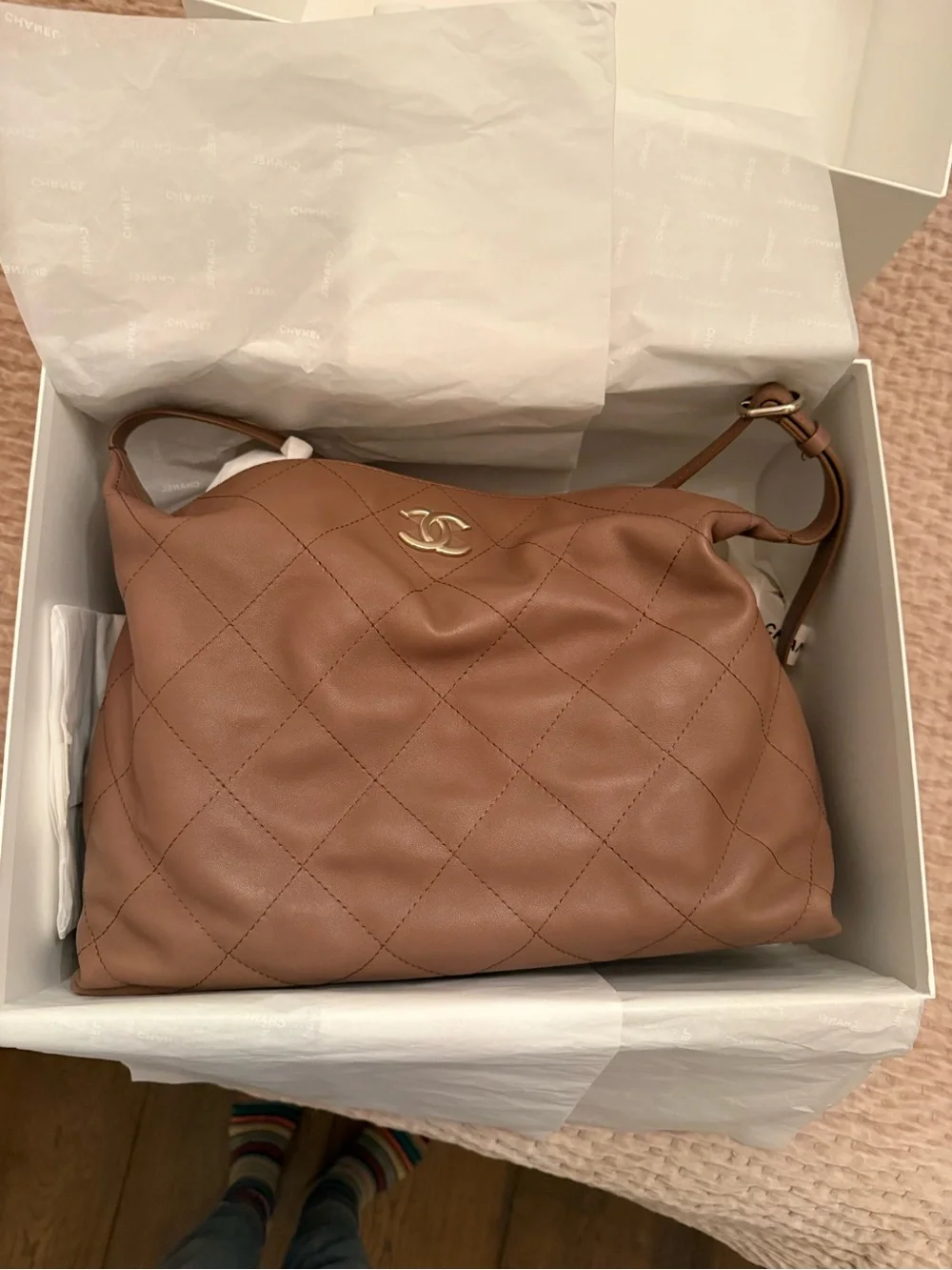 CHANEL Quilted Lambskin Shoulder Bag in Taupe
